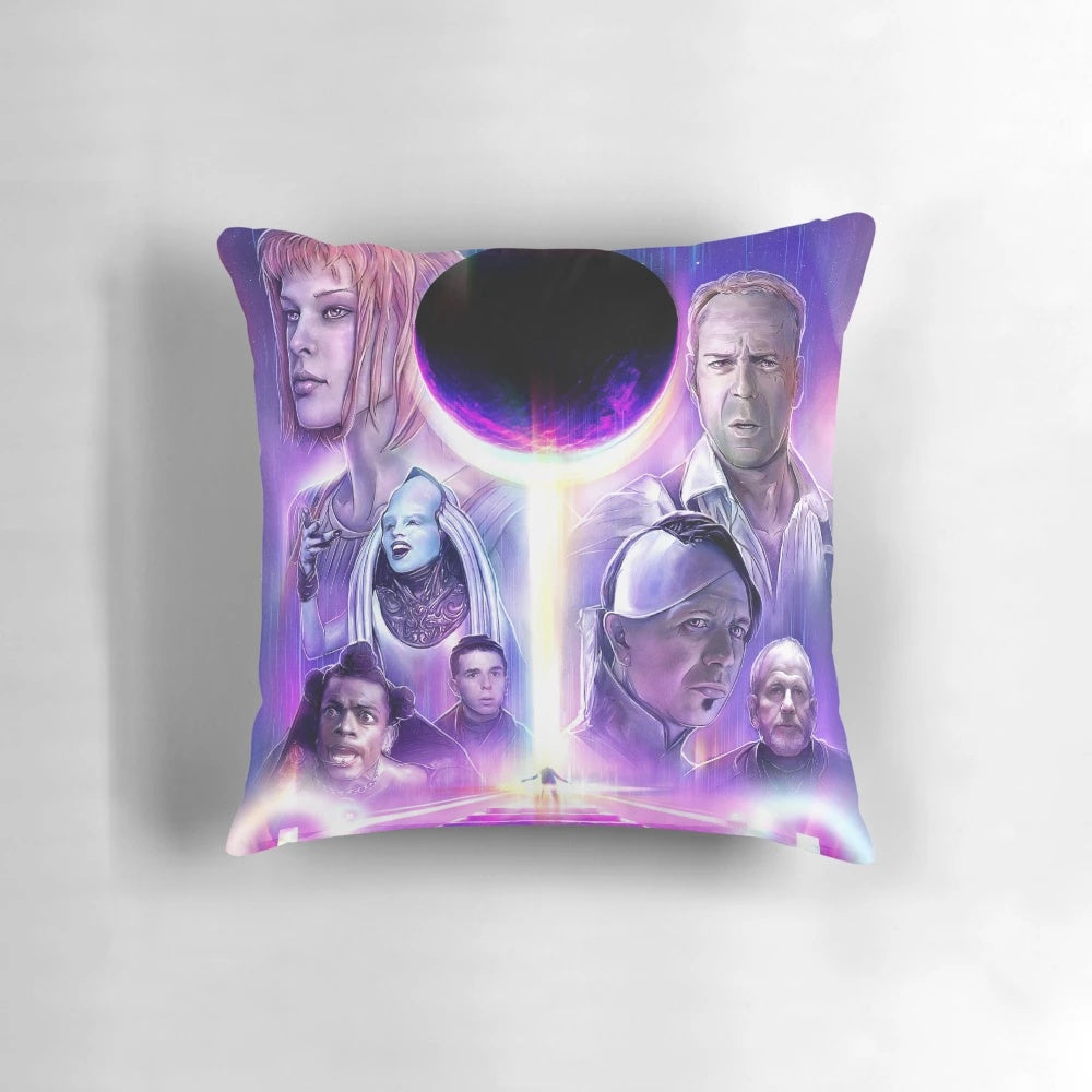 Pillow featuring a design inspired by the iconic 90s sci-fi film "The Fifth Element" with Bruce Willis and the Diva Multipass.