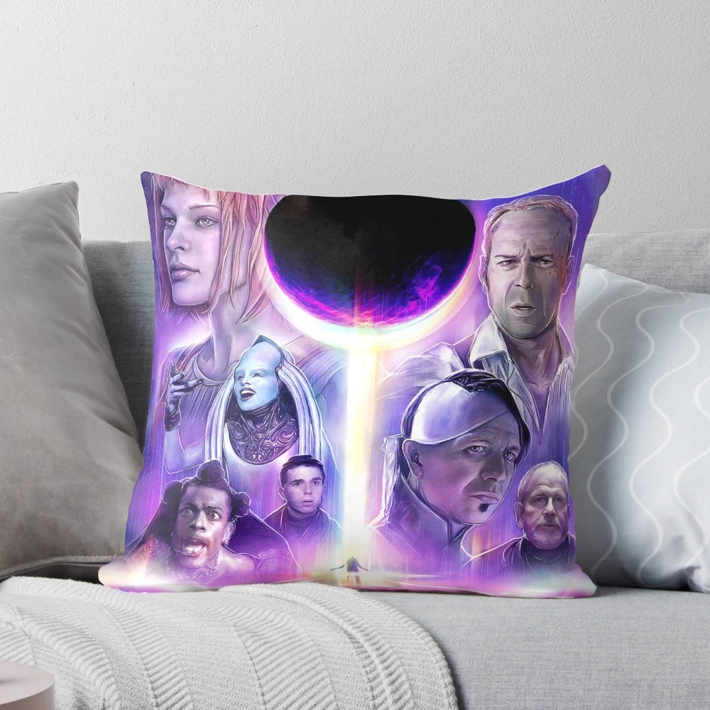 Pillow featuring a design inspired by the iconic 90s sci-fi film "The Fifth Element" with Bruce Willis and the Diva Multipass.