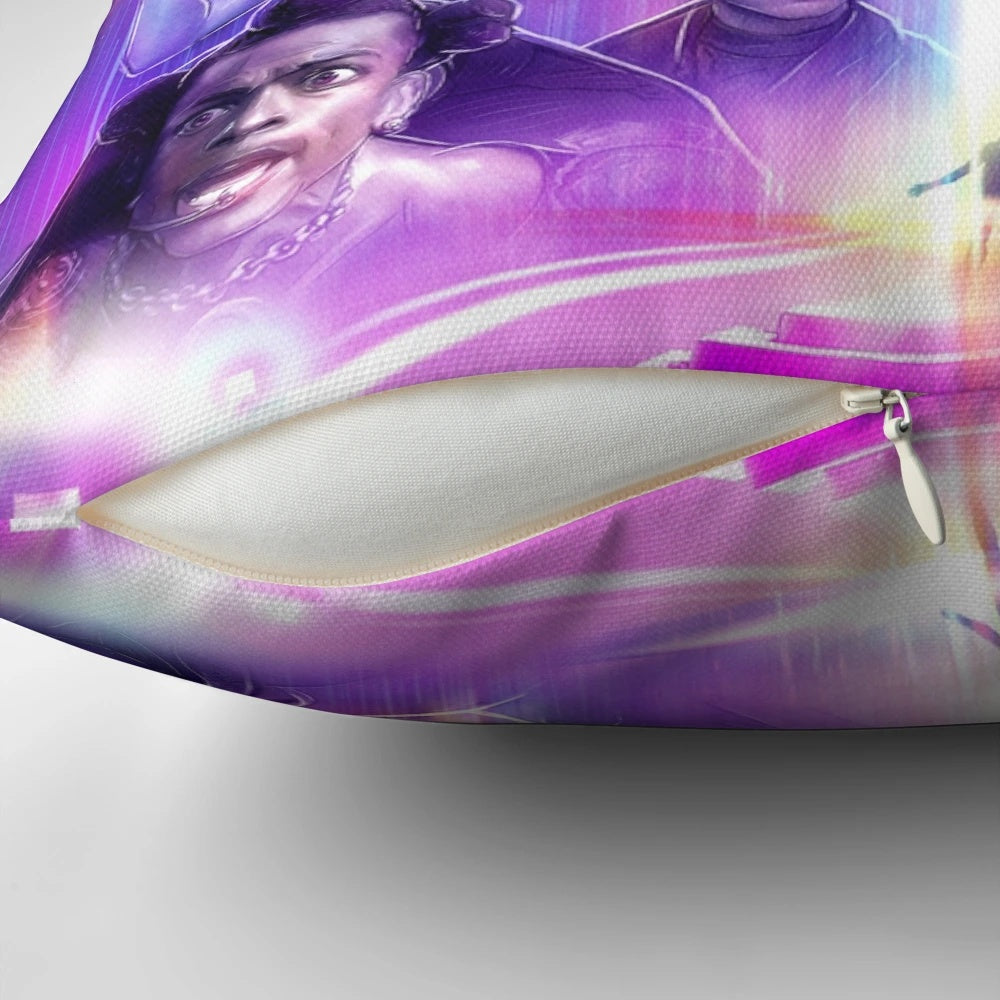Pillow featuring a design inspired by the iconic 90s sci-fi film "The Fifth Element" with Bruce Willis and the Diva Multipass.