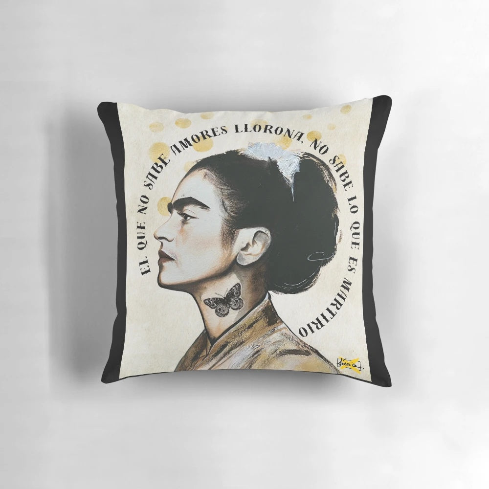 Decorative pillow featuring an illustrated portrait of the iconic Mexican artist Frida Kahlo with a surreal, bohemian design