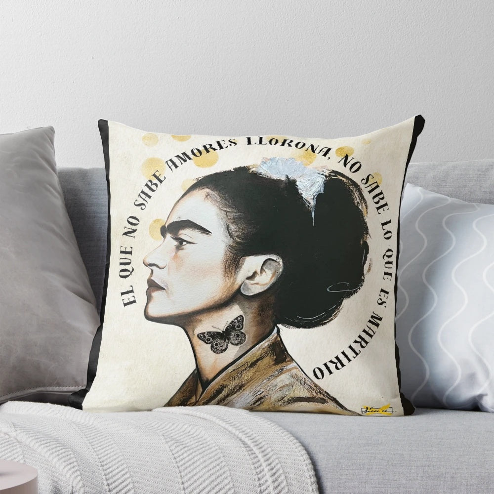 Decorative pillow featuring an illustrated portrait of the iconic Mexican artist Frida Kahlo with a surreal, bohemian design