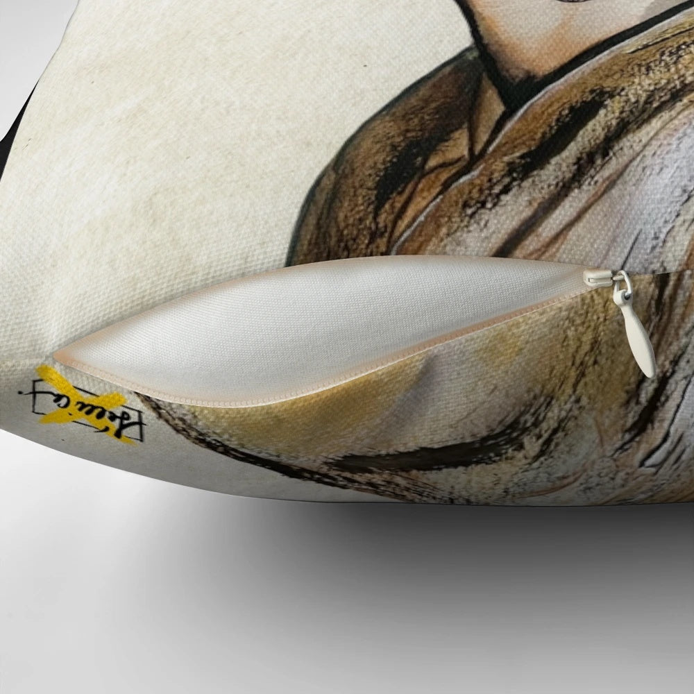 Decorative pillow featuring an illustrated portrait of the iconic Mexican artist Frida Kahlo with a surreal, bohemian design