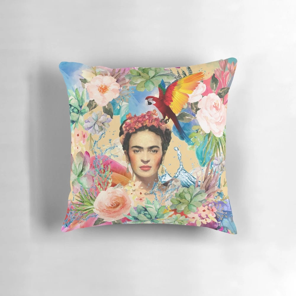 Vibrant throw pillow featuring the iconic image of Frida Kahlo, representing female empowerment and artistic expression.