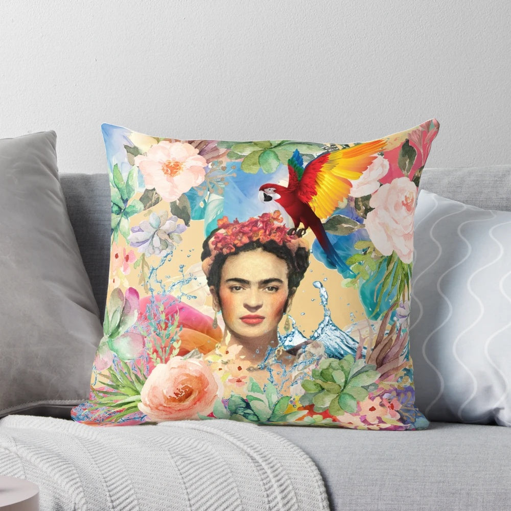 Vibrant throw pillow featuring the iconic image of Frida Kahlo, representing female empowerment and artistic expression.
