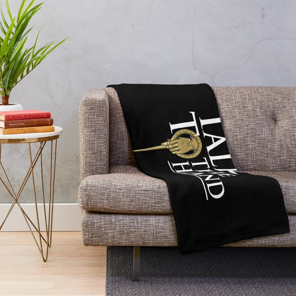 Plush Game of Thrones-inspired blanket featuring iconic characters like the Stark family and "talk to the hand" design