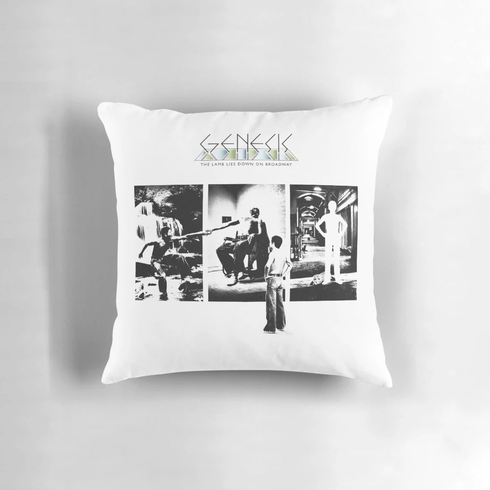 Pillow featuring the iconic album cover art for Genesis' 'The Lamb Lies Down on Broadway'