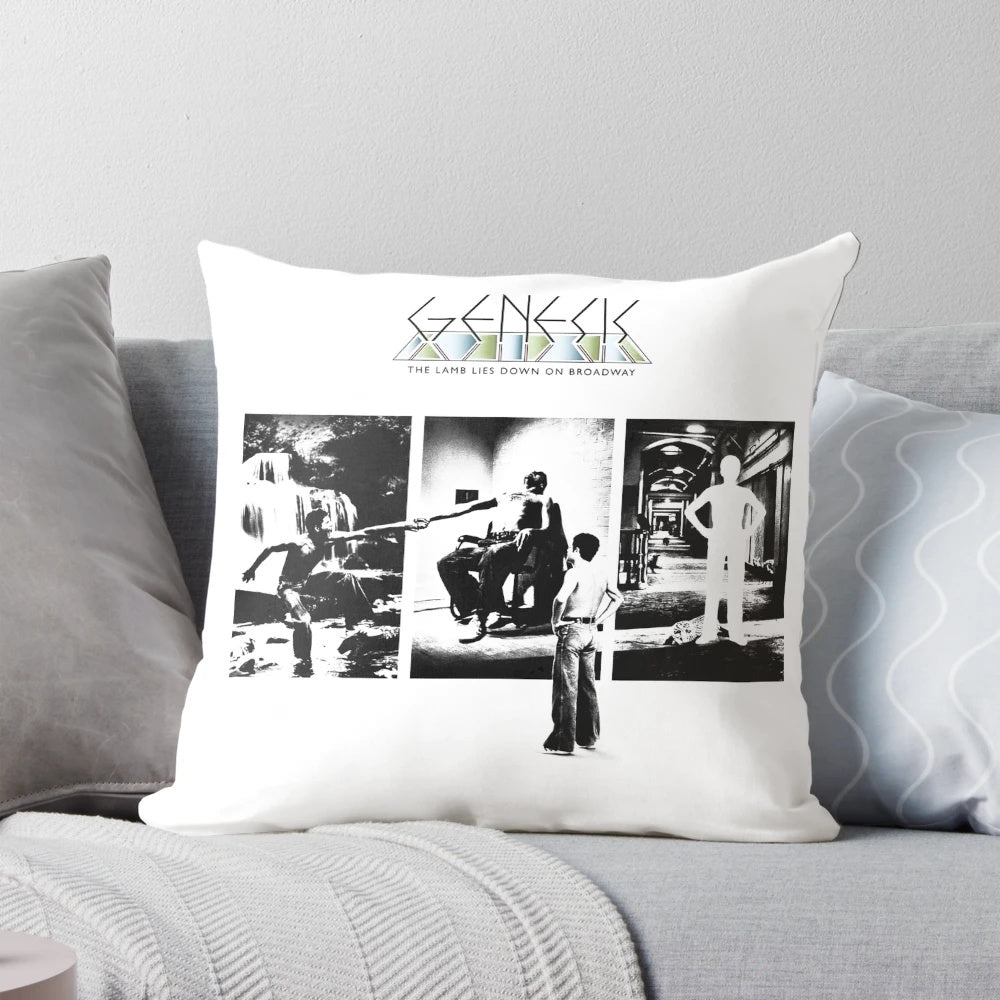Pillow featuring the iconic album cover art for Genesis' 'The Lamb Lies Down on Broadway'