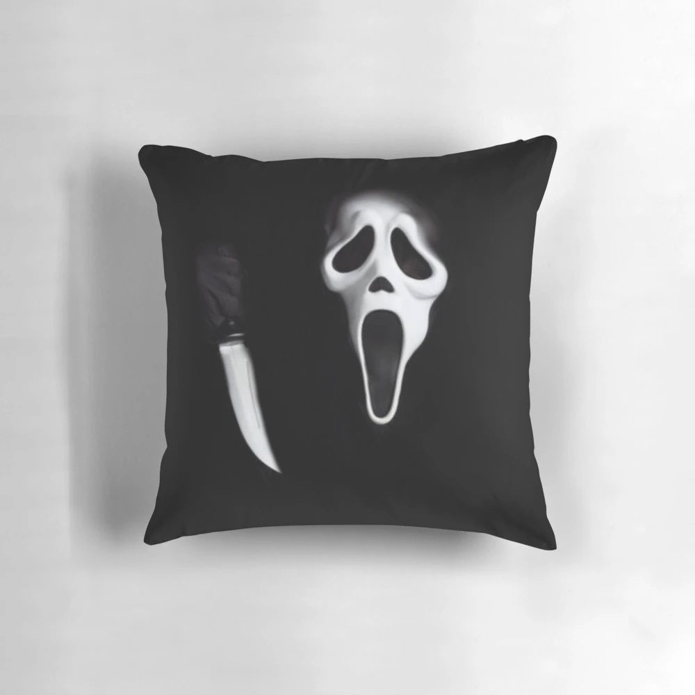 Ghostface pillow, featuring the iconic mask from the Scream horror movie franchise