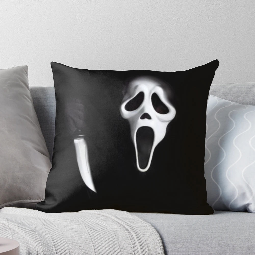 Ghostface pillow, featuring the iconic mask from the Scream horror movie franchise