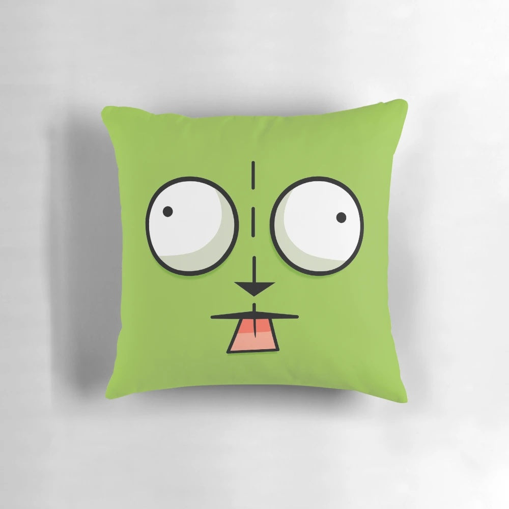 An illustration of the character Gir from the Invader Zim cartoon, featured on a decorative throw pillow.