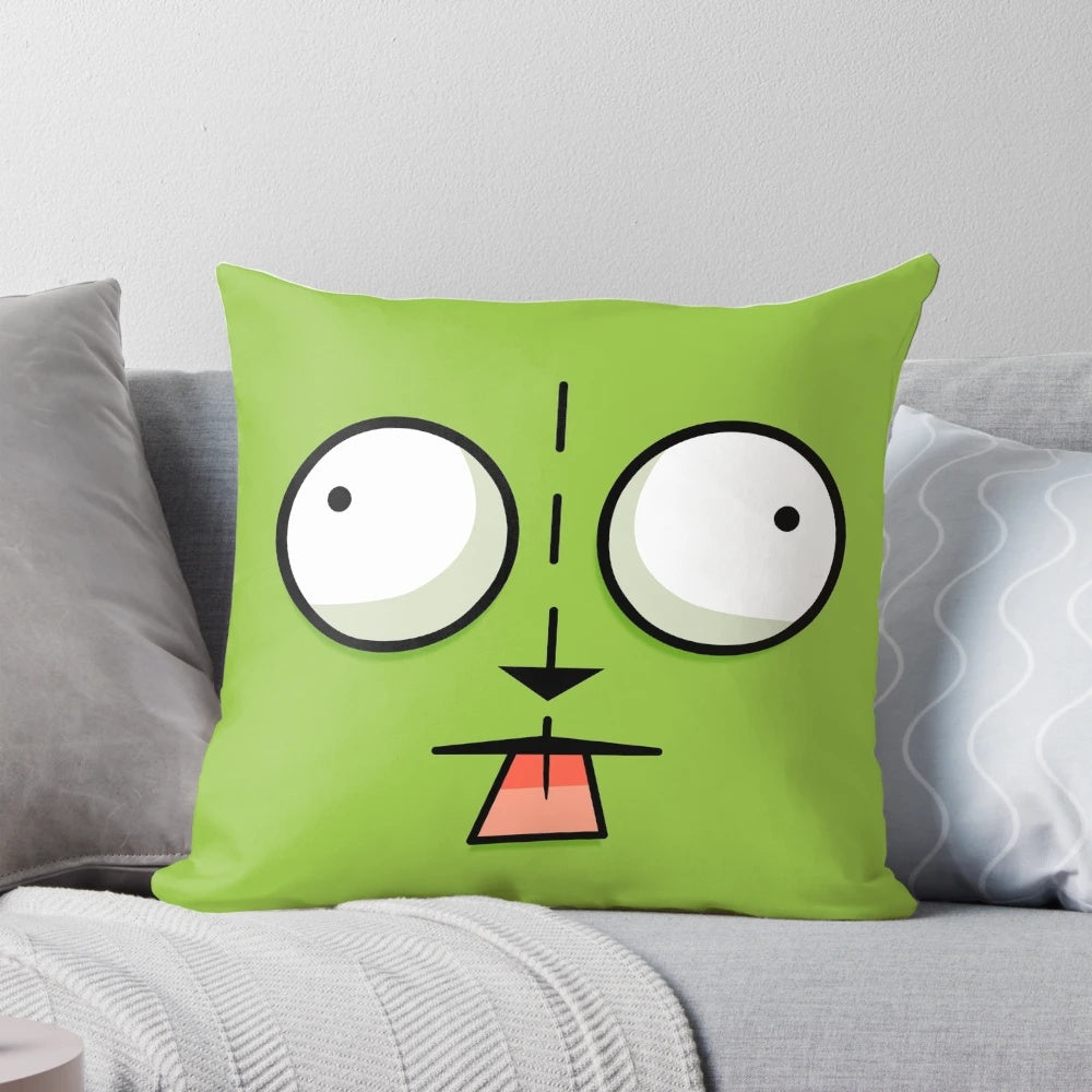An illustration of the character Gir from the Invader Zim cartoon, featured on a decorative throw pillow.