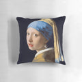 Decorative pillow featuring the famous painting "Girl With A Pearl Earring" by renowned Dutch artist Johannes Vermeer.