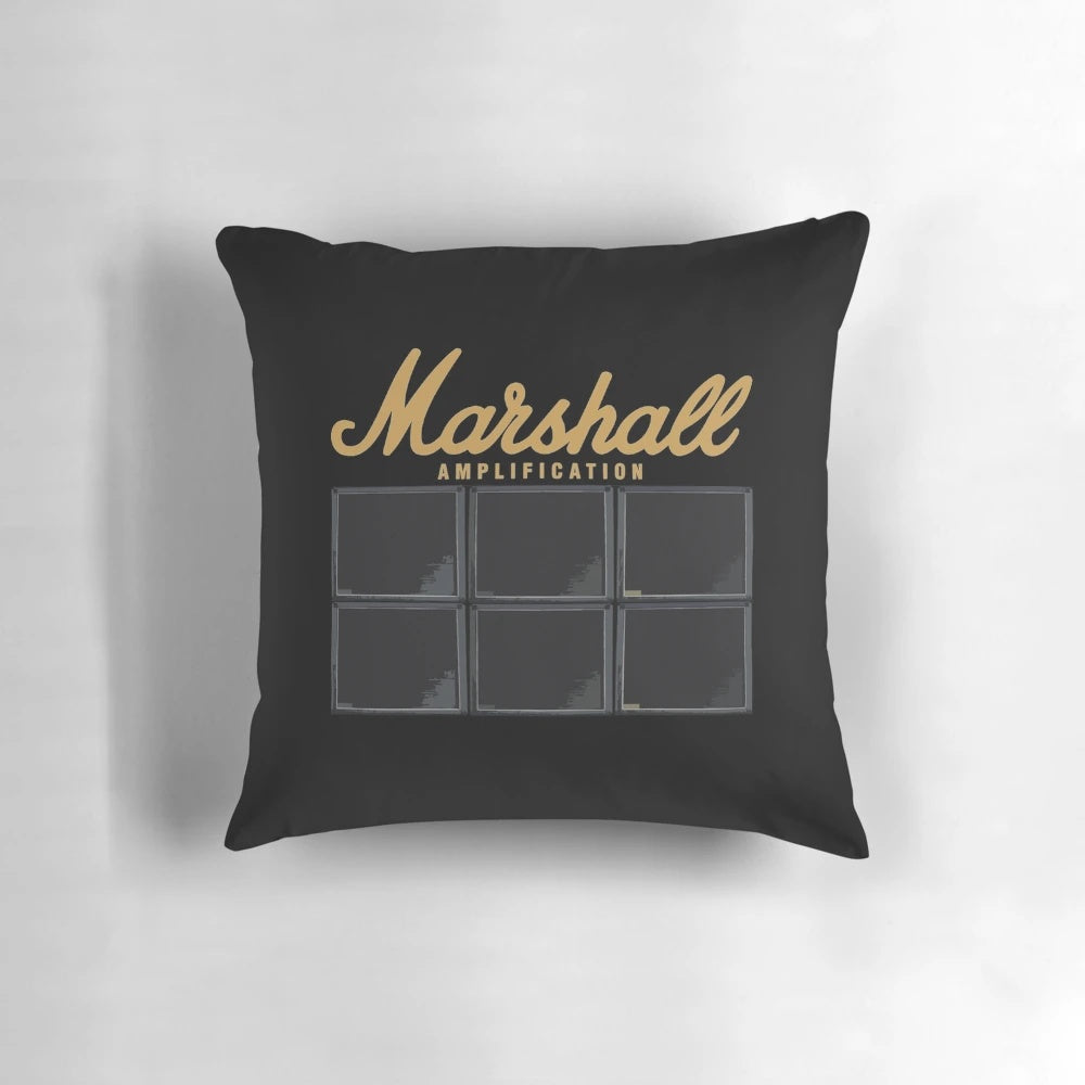 Gold Marshall amp stack throw pillow, a unique home decor item for music fans.