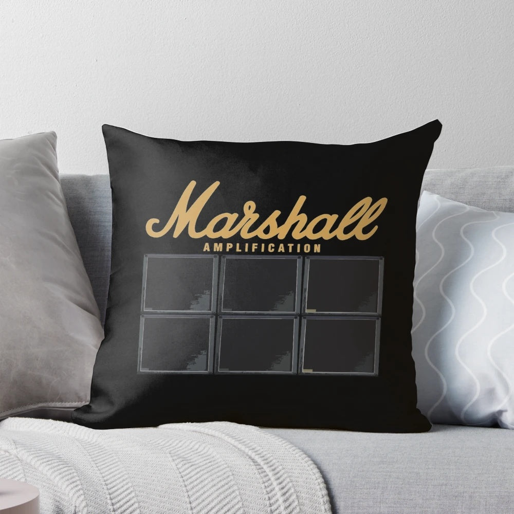 Gold Marshall amp stack throw pillow, a unique home decor item for music fans.