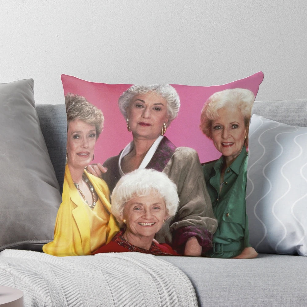 A plush pillow featuring the iconic Golden Girls characters in a metal band parody design.