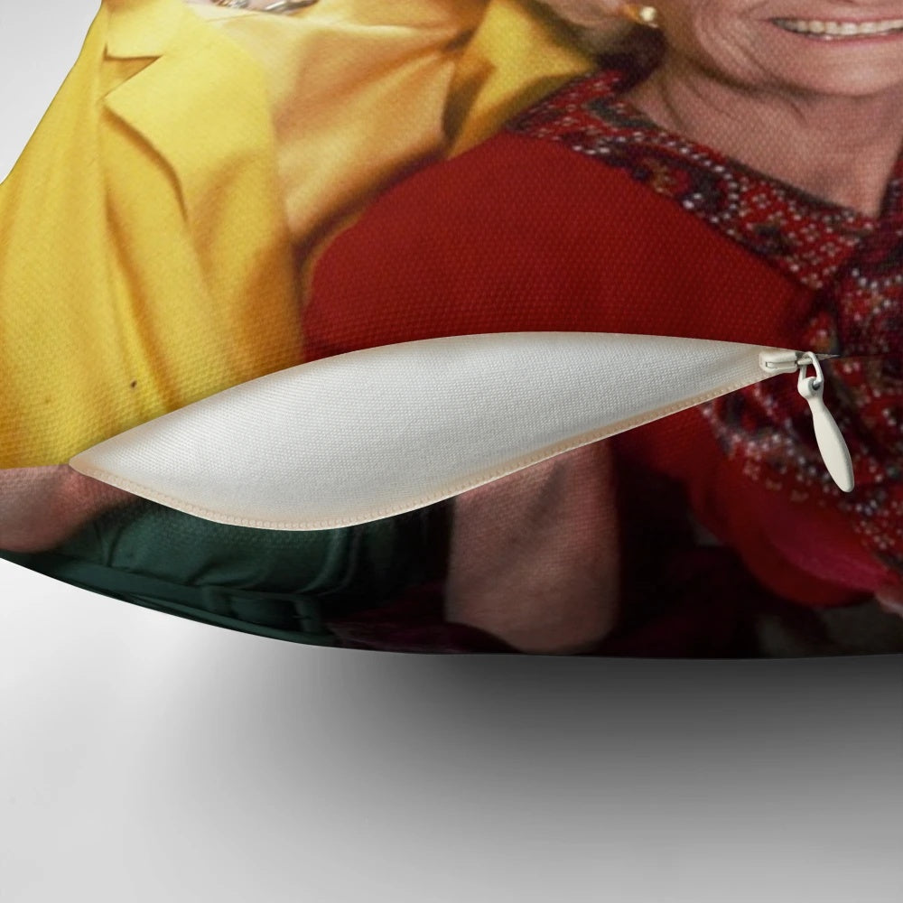 A plush pillow featuring the iconic Golden Girls characters in a metal band parody design.
