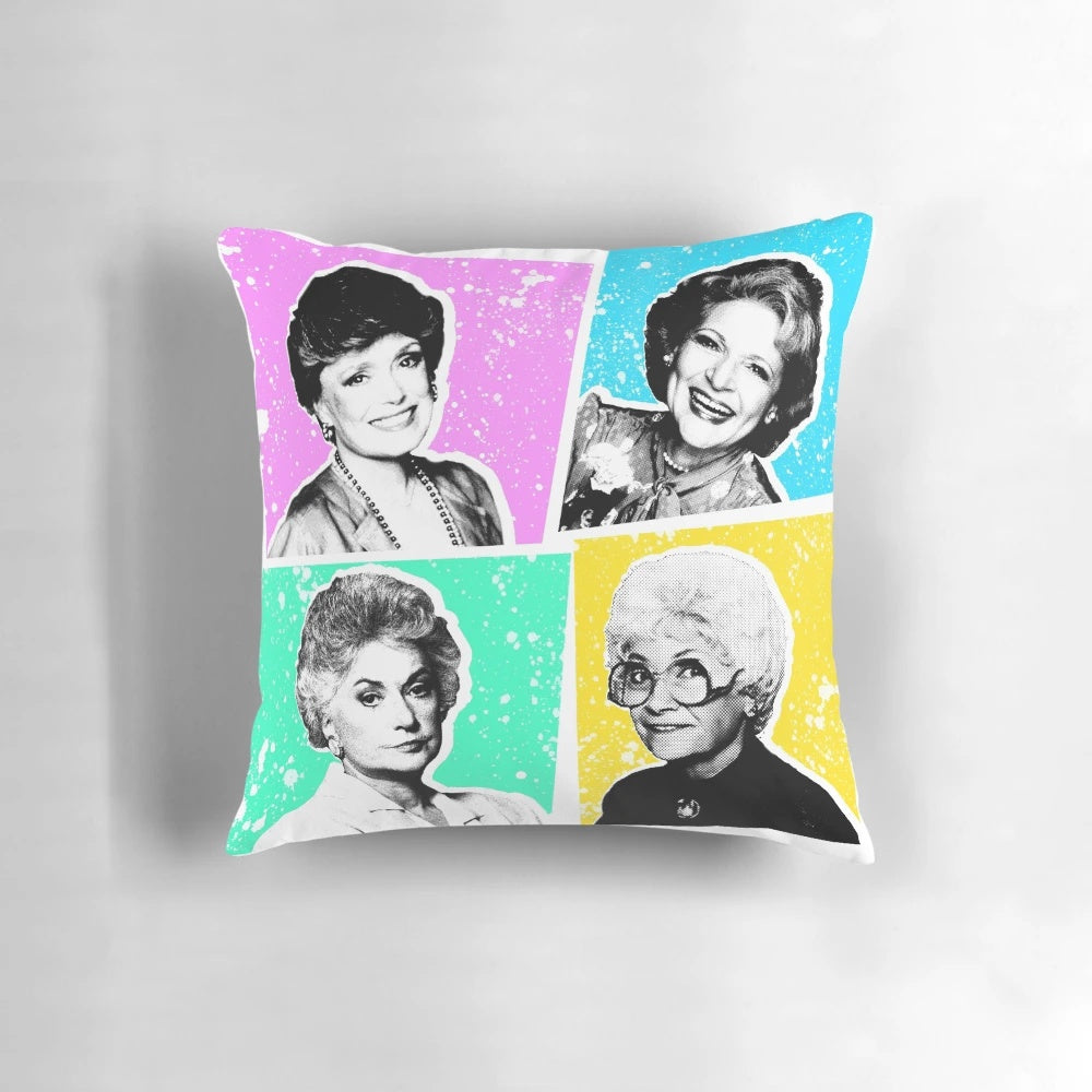 Golden Girls Pop Art Pillow featuring beloved characters Dorothy, Blanche, Rose, and Sophia