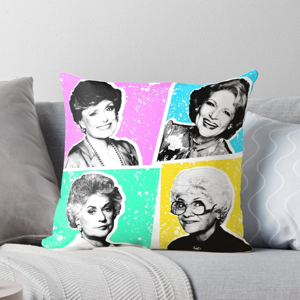 Golden Girls Pop Art Pillow featuring beloved characters Dorothy, Blanche, Rose, and Sophia