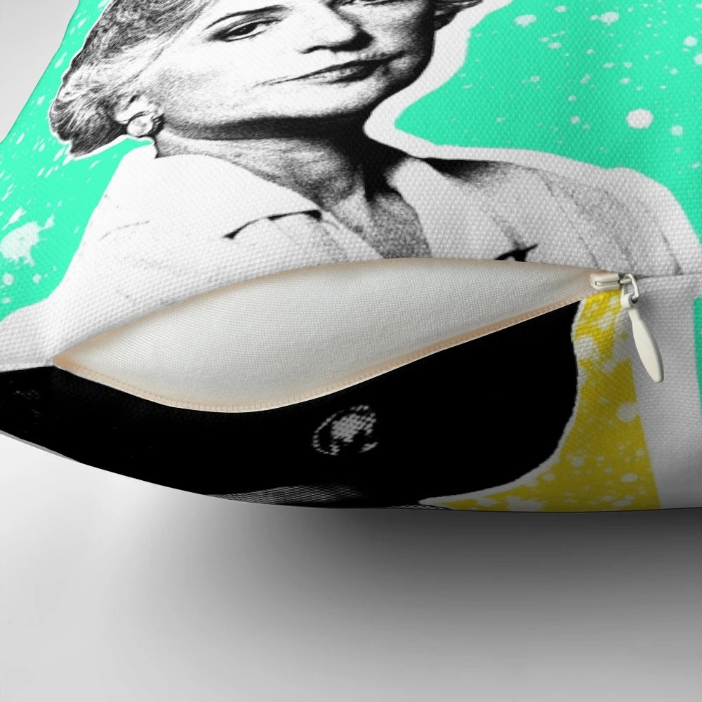 Golden Girls Pop Art Pillow featuring beloved characters Dorothy, Blanche, Rose, and Sophia