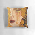 Pillow featuring Gustav Klimt's captivating "Golden Tears" painting of a redheaded woman in portrait.