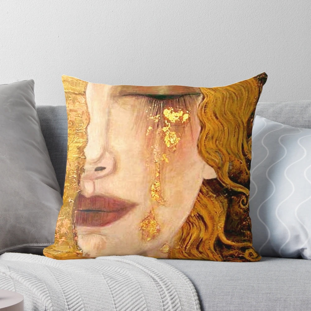 Pillow featuring Gustav Klimt's captivating "Golden Tears" painting of a redheaded woman in portrait.