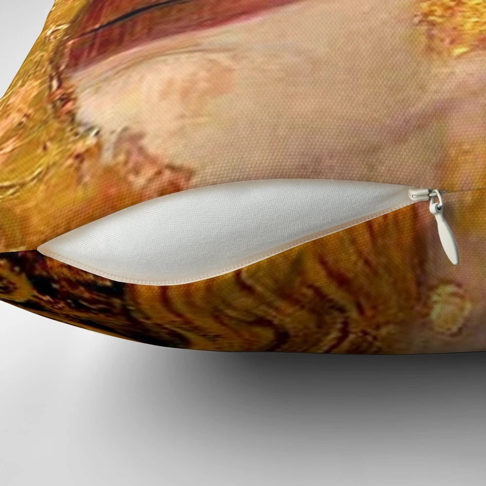 Pillow featuring Gustav Klimt's captivating "Golden Tears" painting of a redheaded woman in portrait.