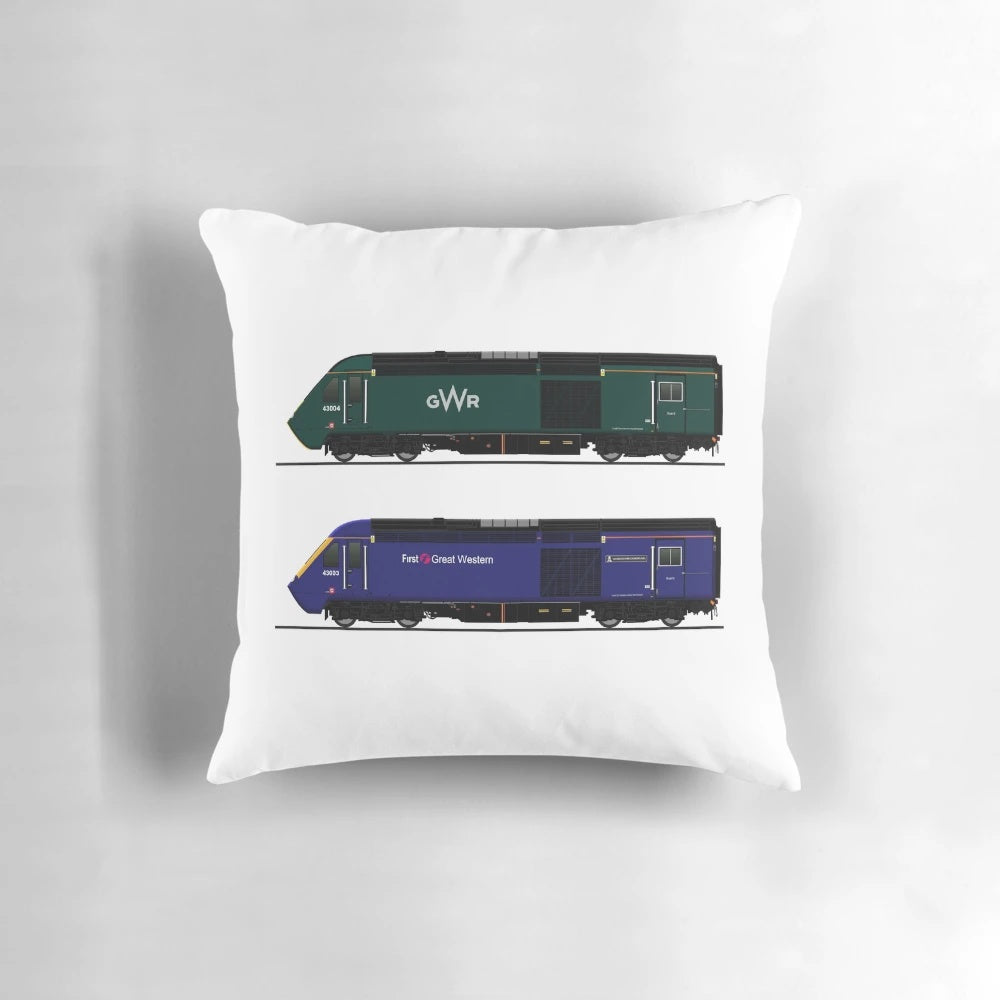 A plush pillow featuring the classic design of the GWR High-Speed Train (HST), also known as the InterCity 125