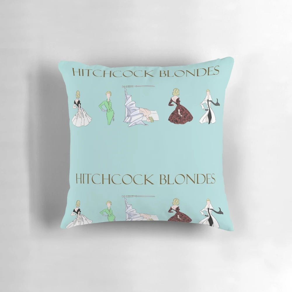 Pillow featuring a minimalist design inspired by the iconic blonde characters in Alfred Hitchcock's classic thrillers.
