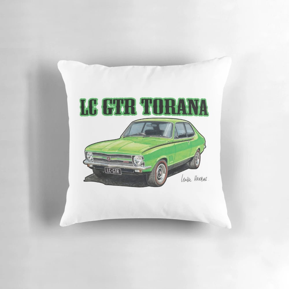 Vibrant green Holden LC Torana pillow, perfect for car enthusiasts and vintage car lovers