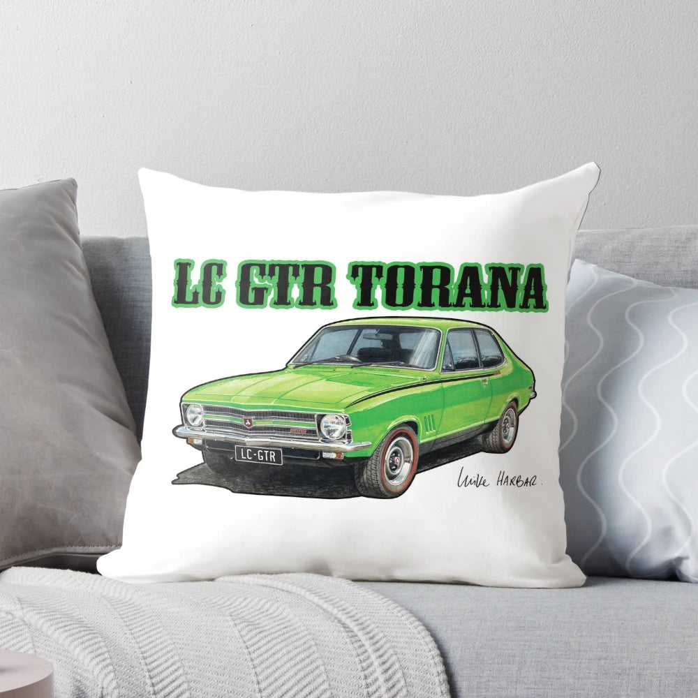 Vibrant green Holden LC Torana pillow, perfect for car enthusiasts and vintage car lovers