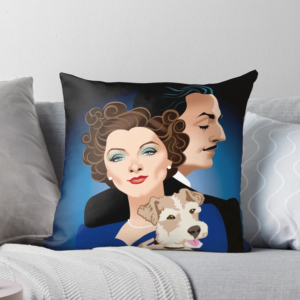 Vintage-inspired pillow featuring the iconic Hollywood detective couple Nick and Nora from the classic "Thin Man" movies.