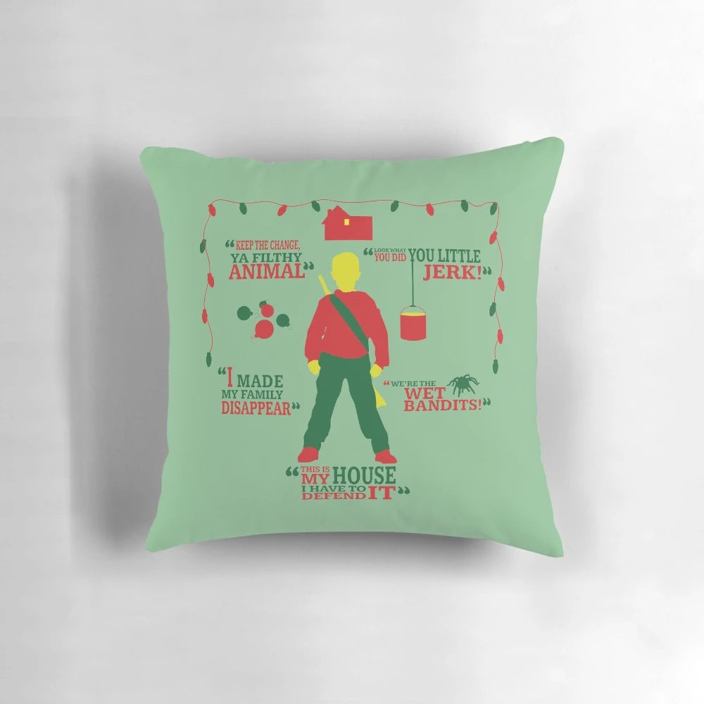 Plush home alone themed pillow featuring Macaulay Culkin's iconic character