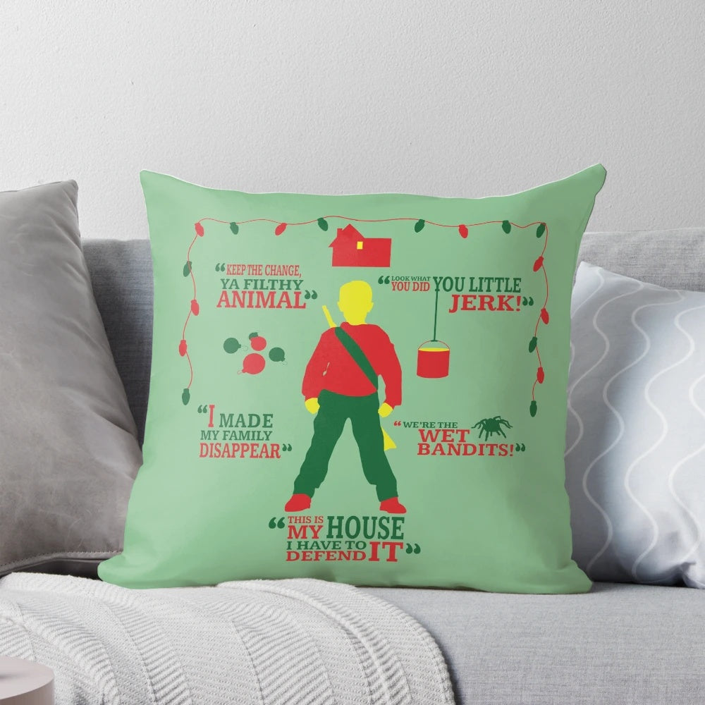 Plush home alone themed pillow featuring Macaulay Culkin's iconic character