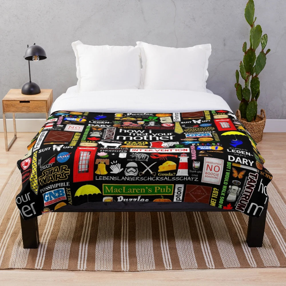 Plush blanket featuring an iconic collage of "How I Met Your Mother" themed imagery and symbols