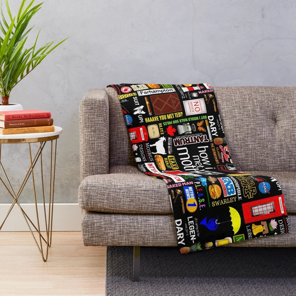 Plush blanket featuring an iconic collage of "How I Met Your Mother" themed imagery and symbols