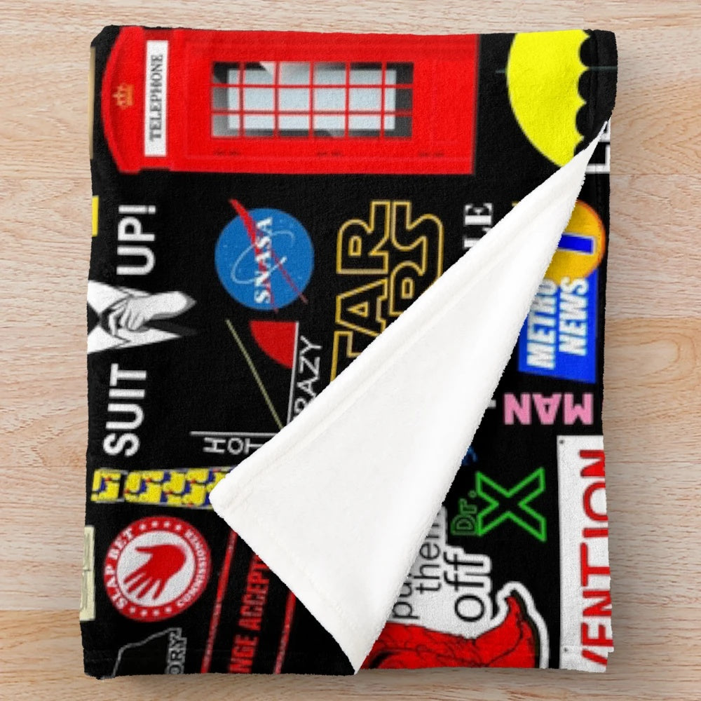 Plush blanket featuring an iconic collage of "How I Met Your Mother" themed imagery and symbols