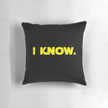 "I love you. I know." Star Wars quote pillow featuring Han and Leia