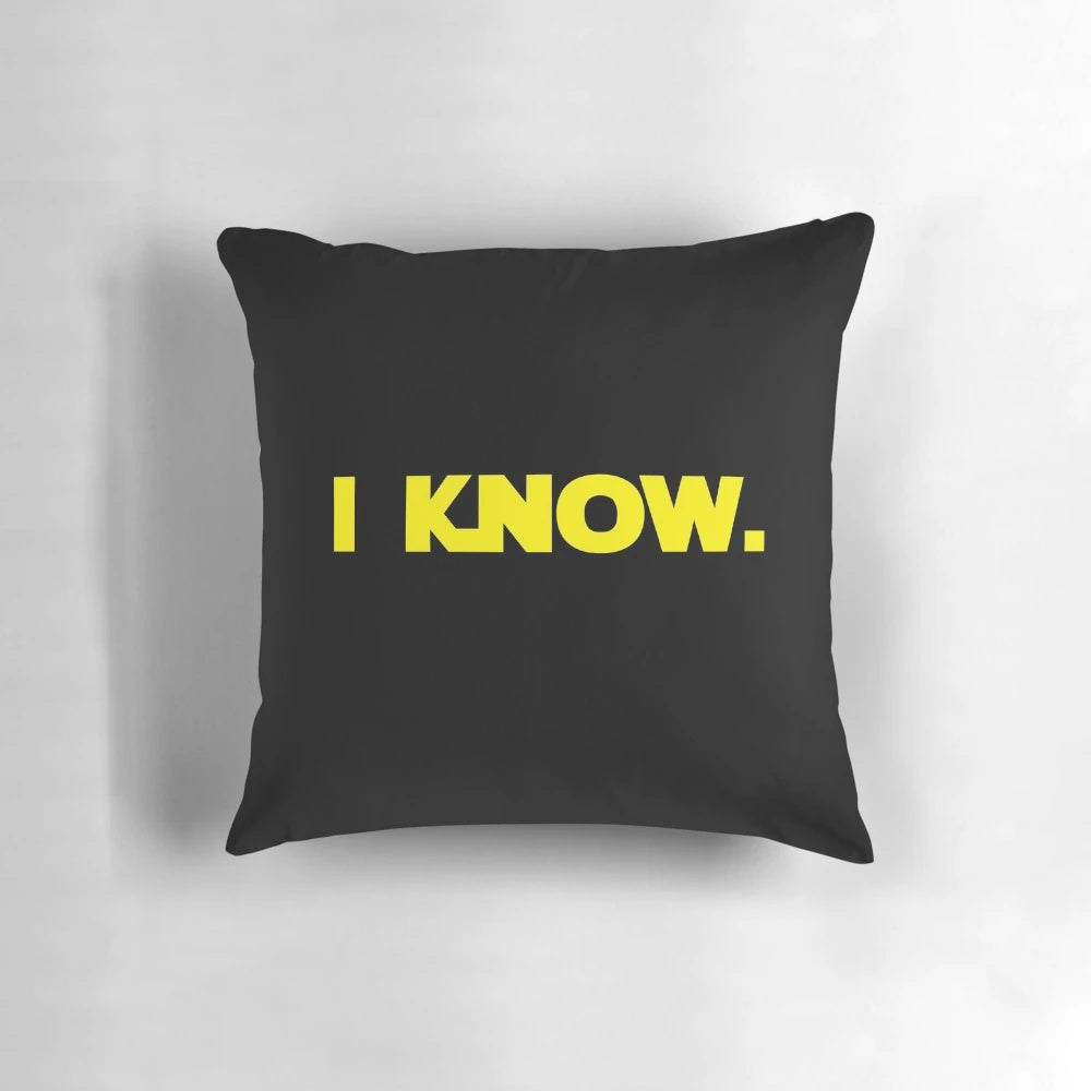 "I love you. I know." Star Wars quote pillow featuring Han and Leia