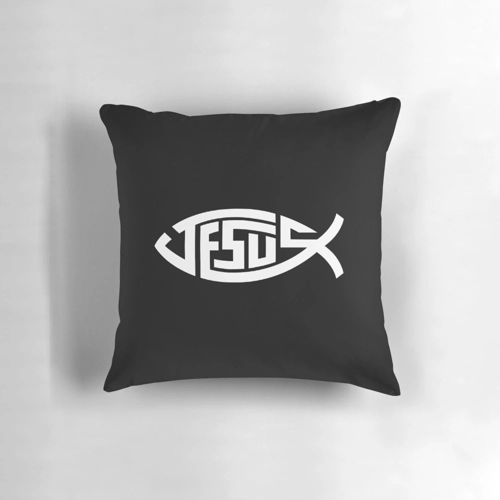 Decorative throw pillow featuring the iconic ichthys or Jesus fish symbol, a Christian religious emblem.
