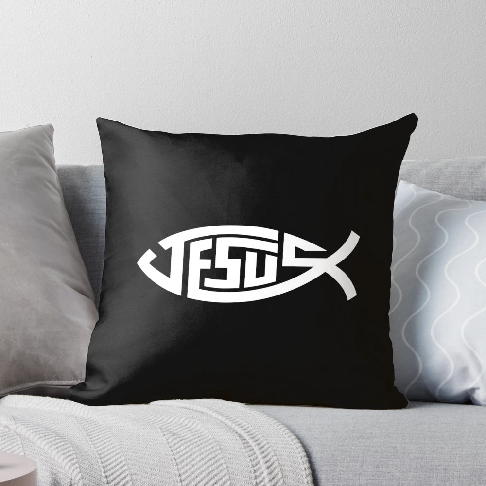 Decorative throw pillow featuring the iconic ichthys or Jesus fish symbol, a Christian religious emblem.