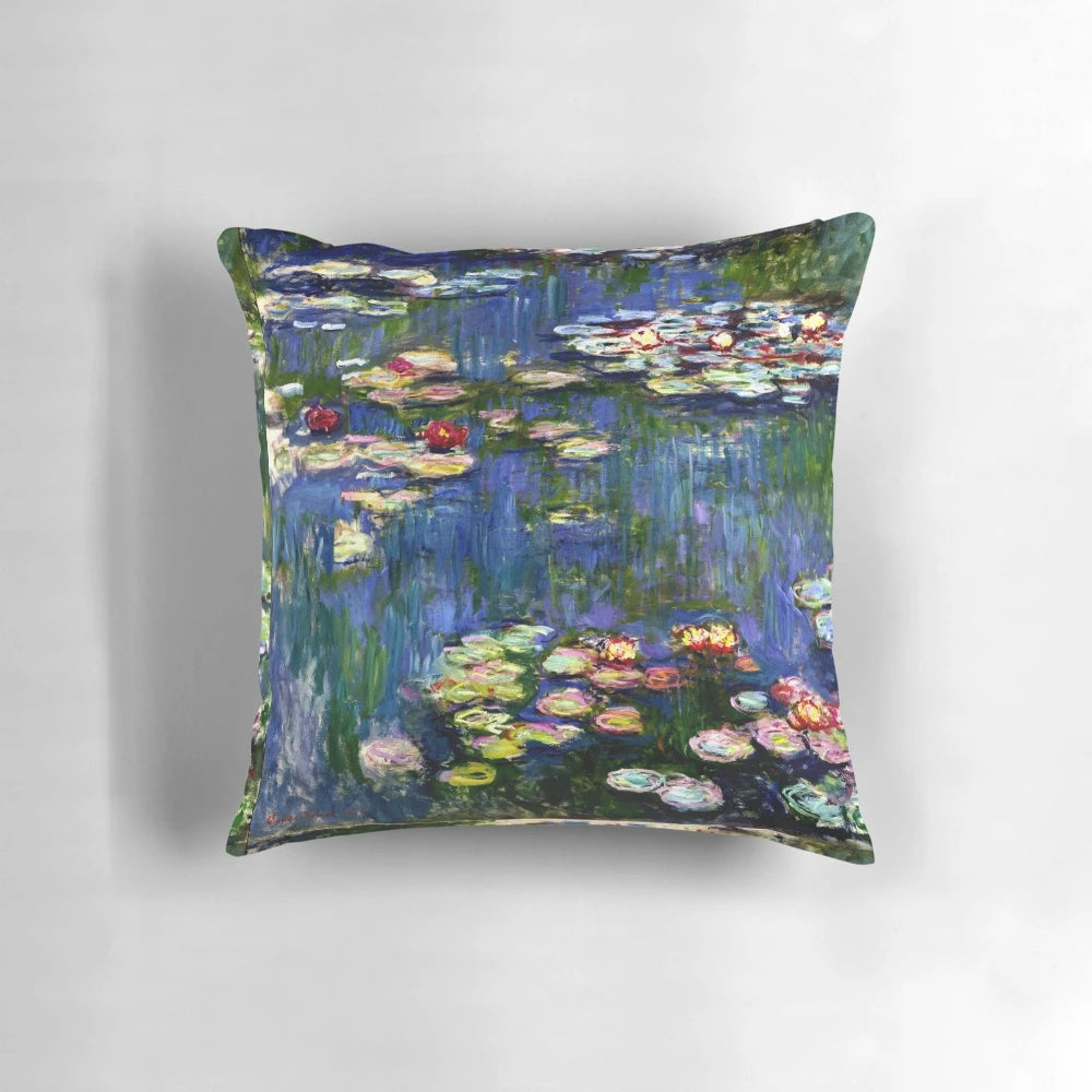 Pillow featuring Claude Monet's iconic water lily painting, a classic impressionist landscape.