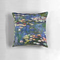 Pillow featuring Claude Monet's iconic water lily painting, a classic impressionist landscape.