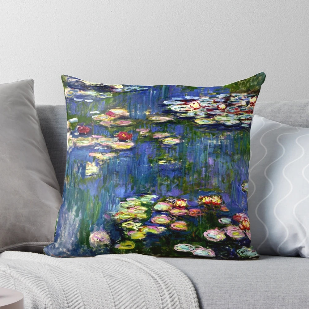 Pillow featuring Claude Monet's iconic water lily painting, a classic impressionist landscape.