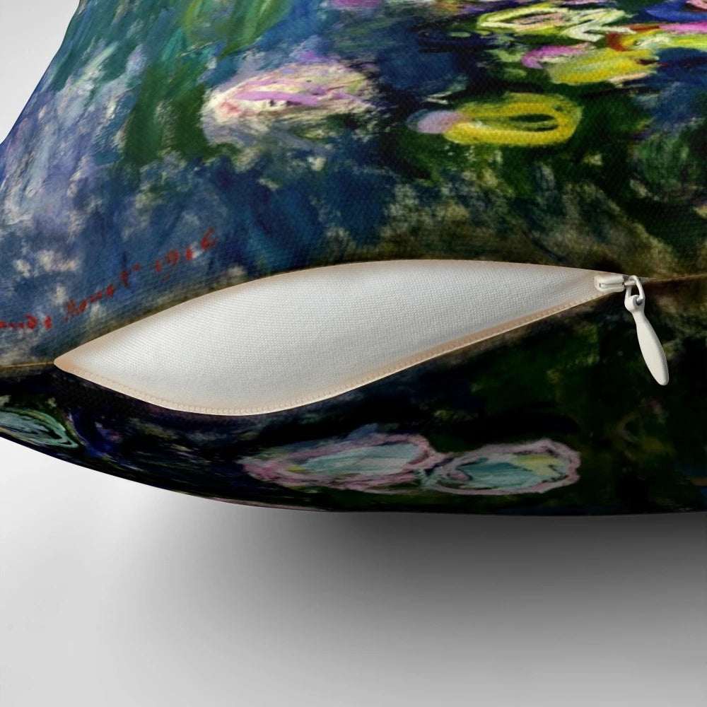 Pillow featuring Claude Monet's iconic water lily painting, a classic impressionist landscape.