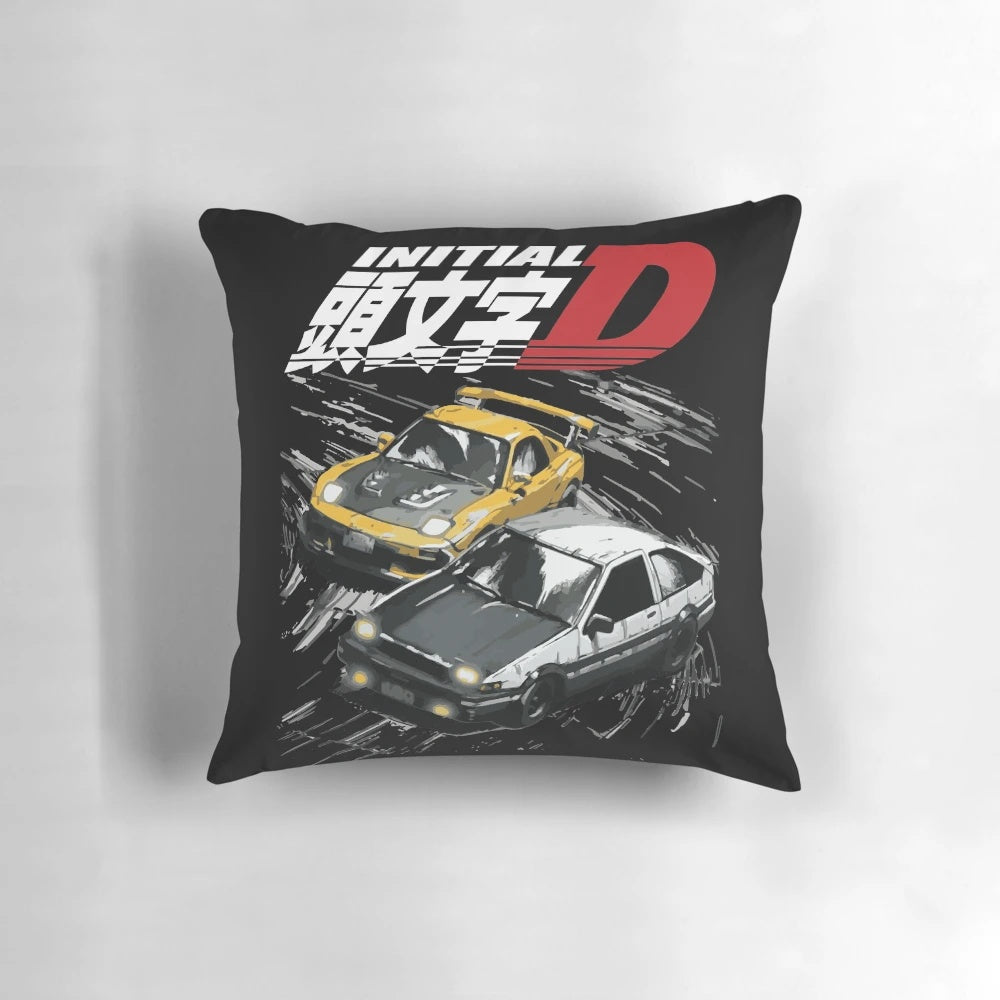 Pillow featuring the iconic Initial D anime cars, the Toyota AE86 Sprinter Trueno and the Mazda FD RX-7.