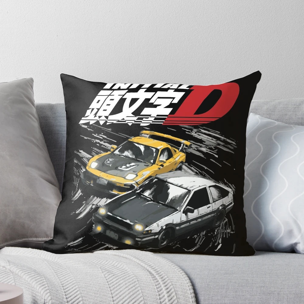 Pillow featuring the iconic Initial D anime cars, the Toyota AE86 Sprinter Trueno and the Mazda FD RX-7.
