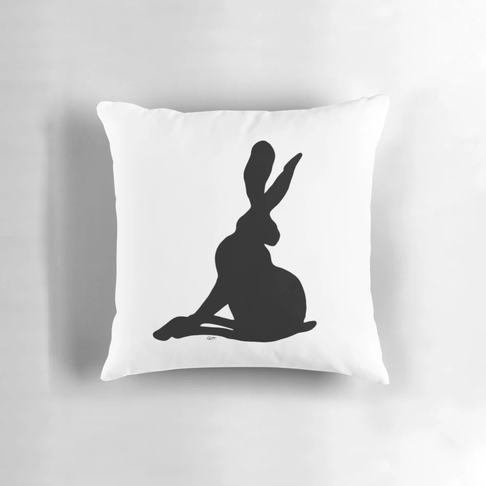 Black and white graphic hare design pillow inspired by the TV series "Inside No. 9