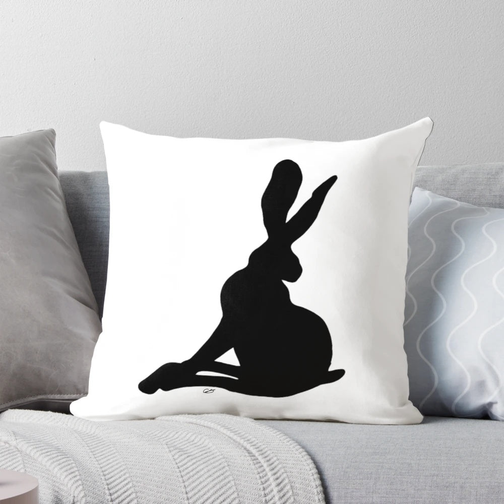 Black and white graphic hare design pillow inspired by the TV series "Inside No. 9