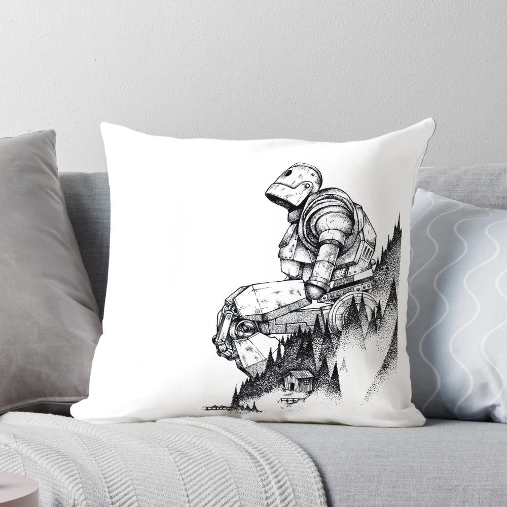 Iron Giant movie character pillow with detailed pointillism art design