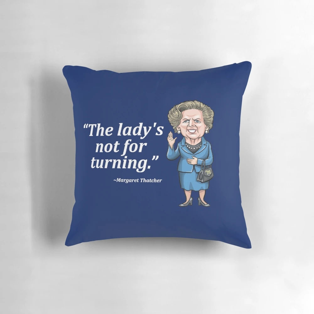 Plush pillow featuring a caricature of former UK Prime Minister Margaret Thatcher, the "Iron Lady